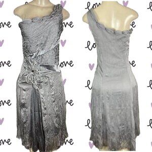Bill Cost S Gray Chiffon Pleated Floral Accent One Shoulder Below Knee Dress